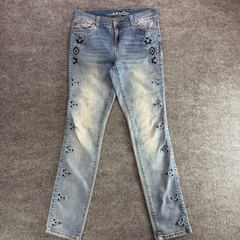 INC International Concepts Embroidered Studded Skinny Jeans Light Wash Blue 31 R